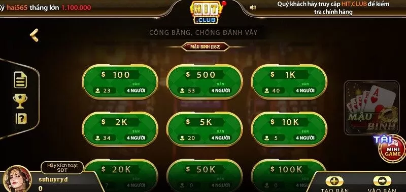 Hướng dẫn chơi mậu binh Hit Club đúng luật 