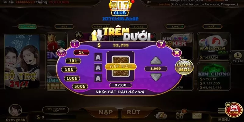 Hướng dẫn sử dụng giao diện Minigame Trên Dưới Hit club